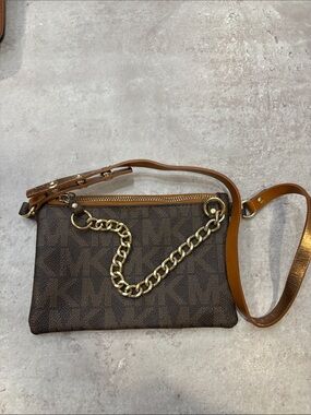Michael Kors Brown Logo Clutch, Fanny Pack with Gold Chain